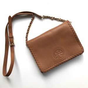 Tory Burch Marion Whipstitch Crossbody bag brown leather saddle purse